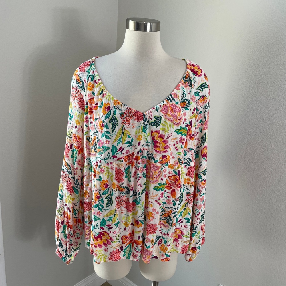 Old Navy Womens XL Tall Floral V Neck Babydoll Blouse Long Sleeve Tunic Top